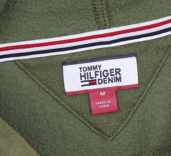Tommy Hilfiger Mens Green Pullover Hoodie M Fleece Logo Sweatshirt