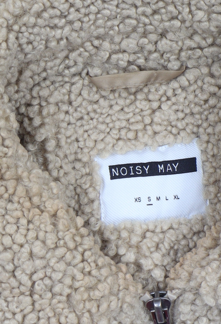 Noisy May Women Beige Sherpa Fleece Zip Bomber Jacket Size M
