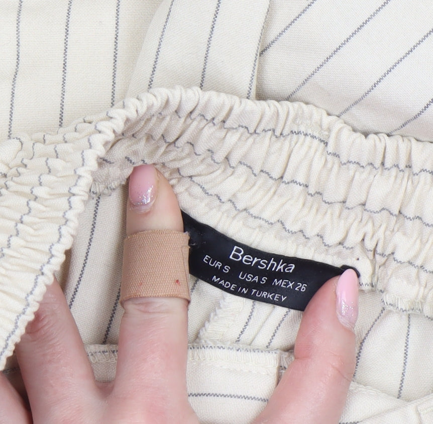 Bershka Women Beige Striped Chino Trousers Size 8 Tapered Fit