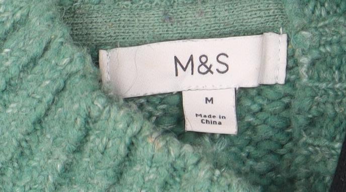 Marks & Spencer Women Green Cable-Knit Roll Neck Fringe Jumper M