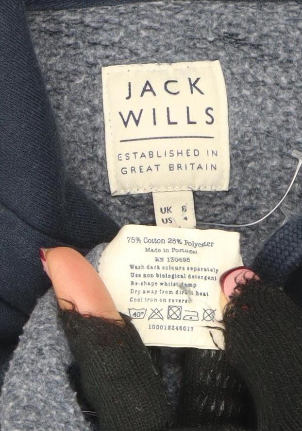 Jack Wills Women Navy Pullover Hoodie UK 8 Logo Print Cotton Blend