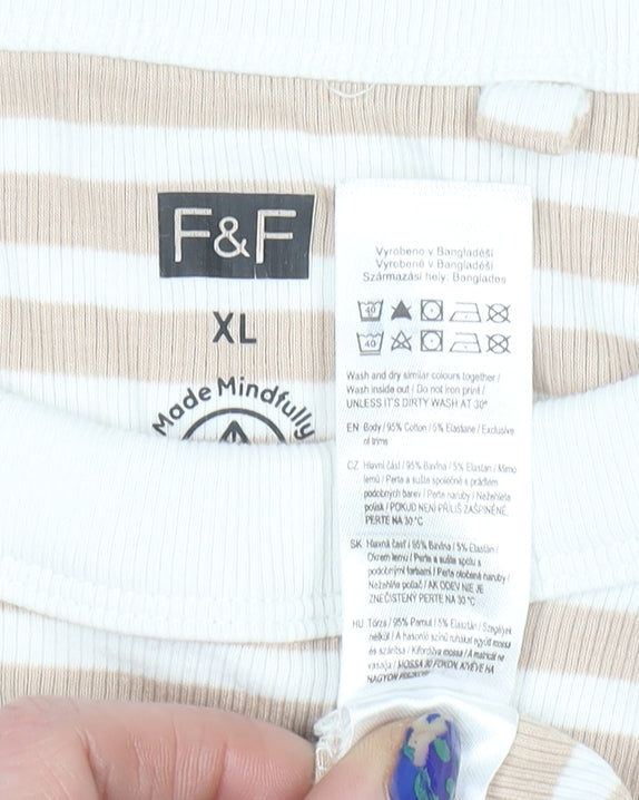F&F Women Beige White Striped Sleeveless Tank Top XL Cotton Blend
