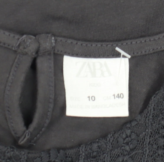 Zara Girls Black Long Sleeve Lace Cotton Blouse 10 Years
