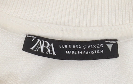 ZARA Women Ivory Cotton Crew Neck Pullover Sweatshirt Size S