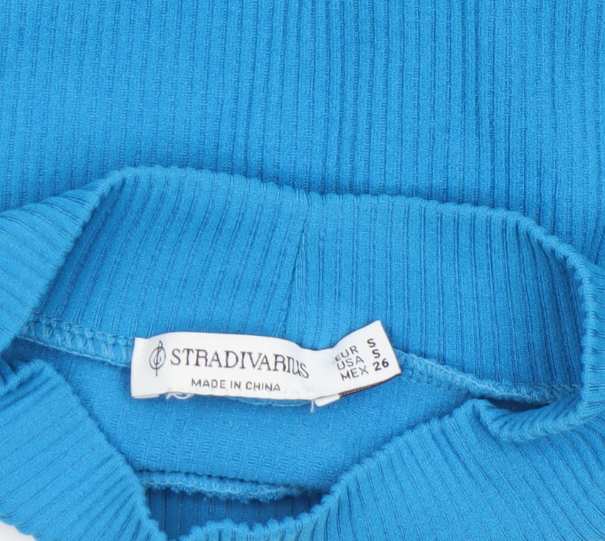 Stradivarius Women’s Blue Cropped Mock Neck Ribbed Long Sleeve Top Size S