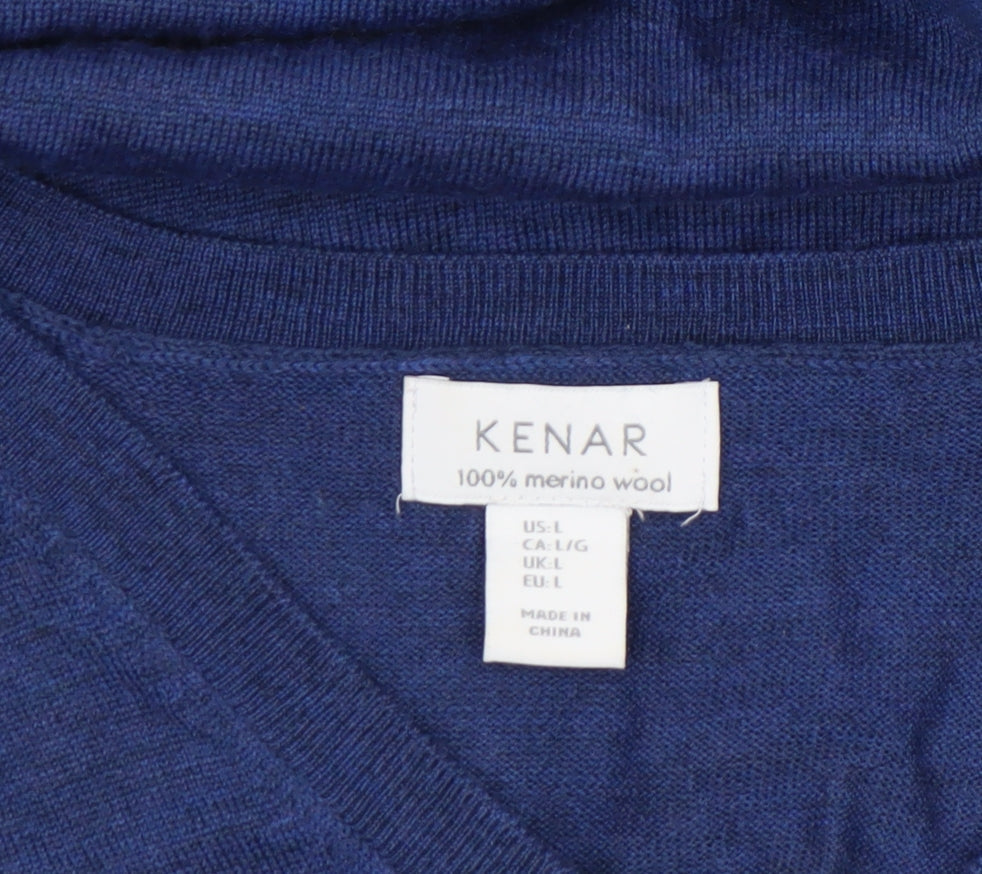 KENAR Womens Blue Merino Wool V-Neck Long Sleeve Jumper Size L