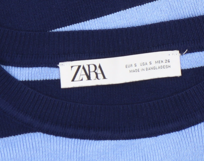 Zara Women Blue Striped Crew Neck Long Sleeve Pullover Jumper Size S