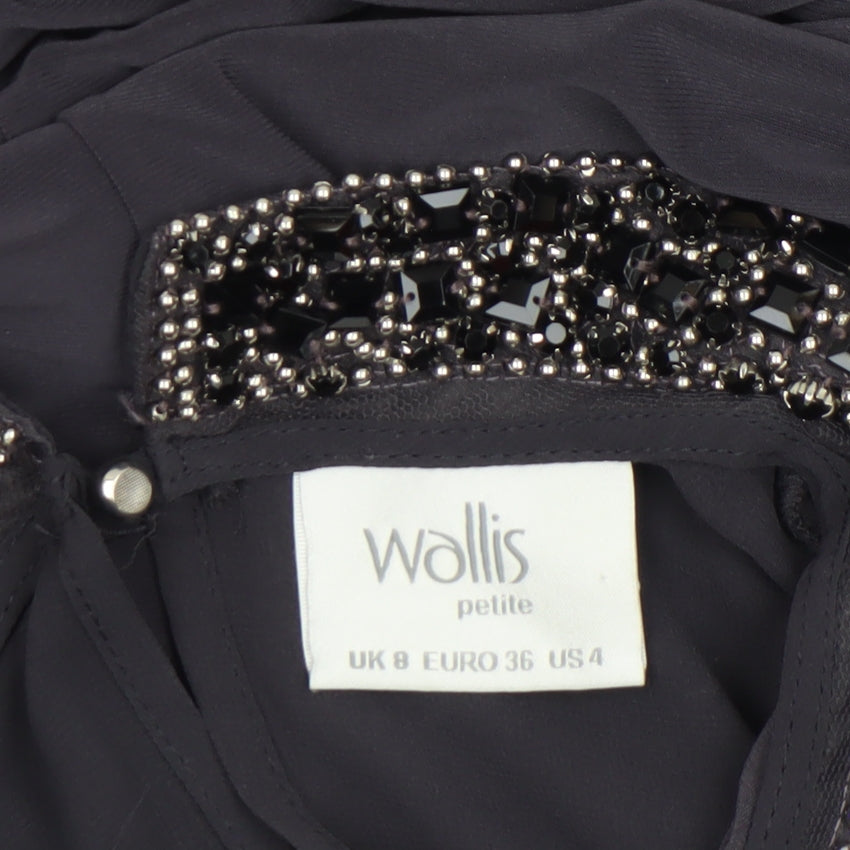 Wallis Women Black Beaded Collar Petite Shift Dress Size 8 Long Sleeve