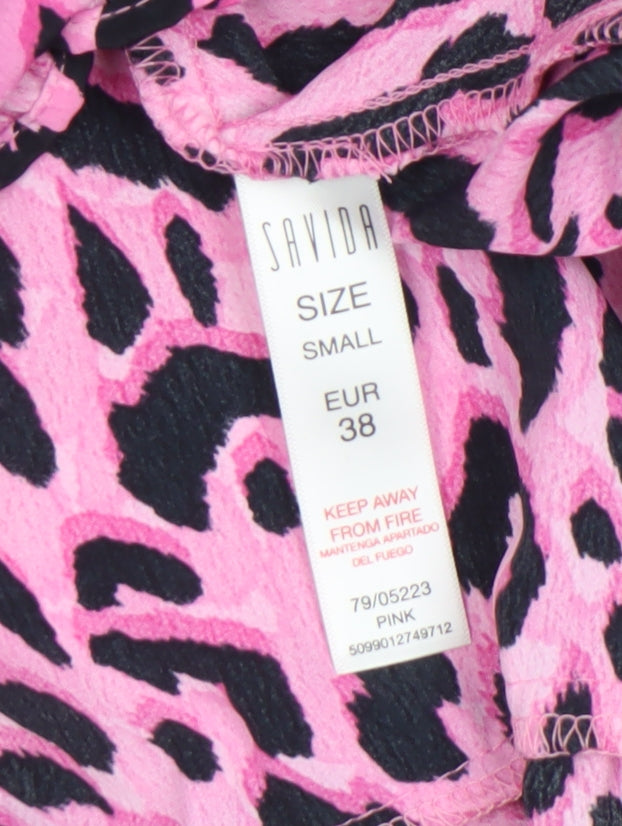 Savida Women's Pink Leopard Print Ruffle Long Sleeve A-Line Dress Size 10