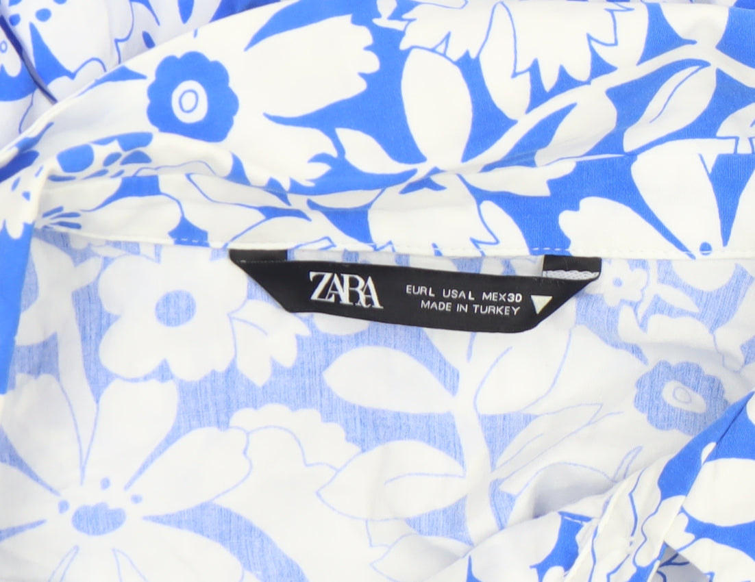 Zara Womens Blue Floral Cotton Ruffle Blouse Size L