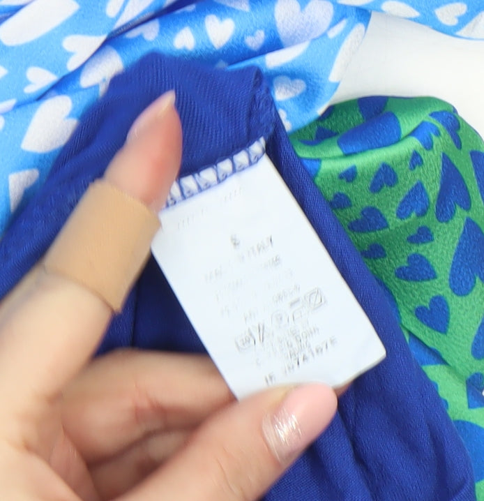 Pala D'oro Women's Blue Green Heart Print Midi A-Line Dress Size S
