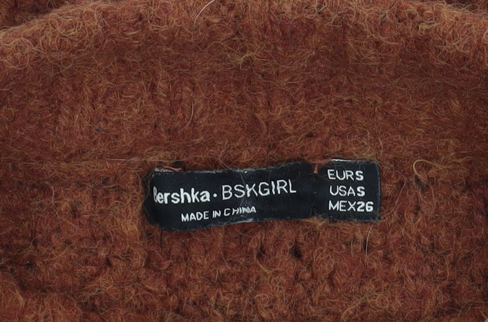 Bershka Women Brown Mock Neck Chunky-Knit Wool Blend Jumper Size S