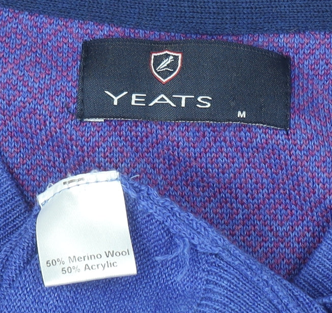 Yeats Men Blue V-Neck Merino Wool Blend Pullover Jumper M