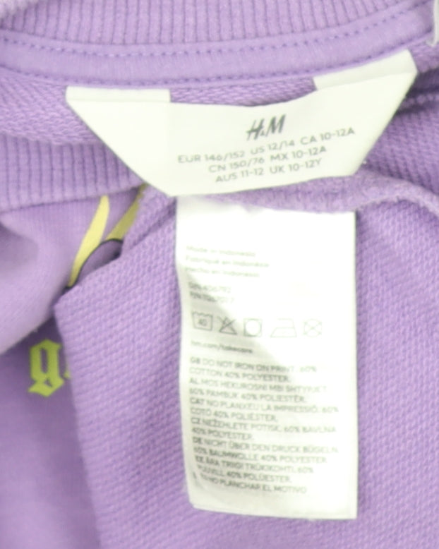 H&M Girls Purple Crop Jumper 11-12 Years Pullover Cotton Blend 'Girls Unite'