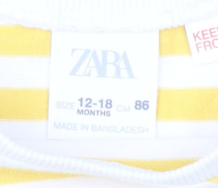 Zara Girls Yellow White Striped Short Sleeve T-Shirt 2XS Cotton