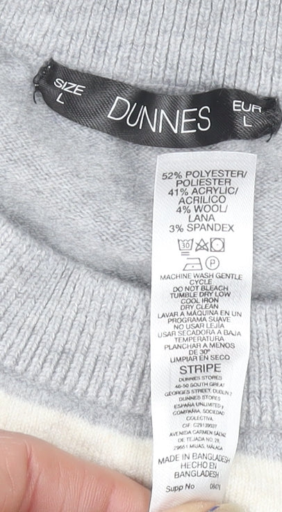Dunnes Women’s Grey & Cream Striped Pullover Jumper Size L Wool Blend