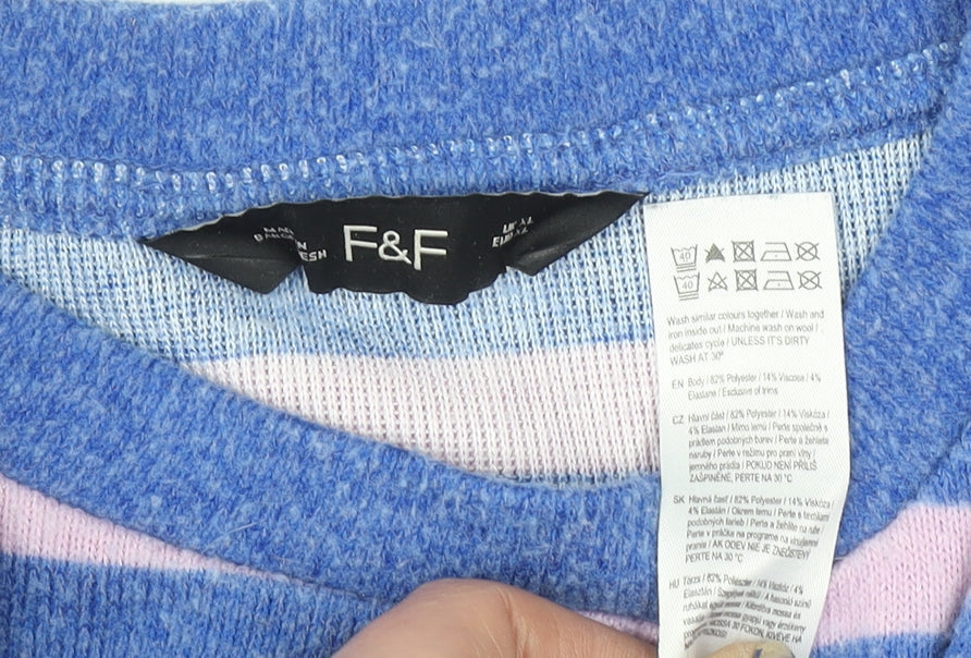 F&F Women Blue Pink Striped Crew Neck Long Sleeve Pullover Jumper Size L