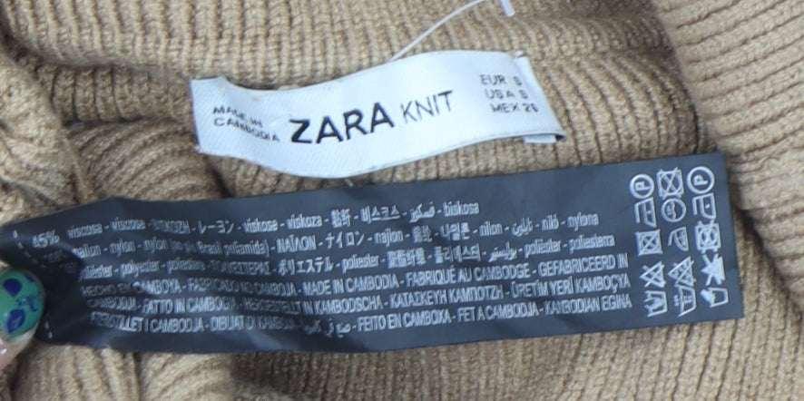 Zara Women Beige Roll Neck Knit Jumper Size 10 Relaxed Fit
