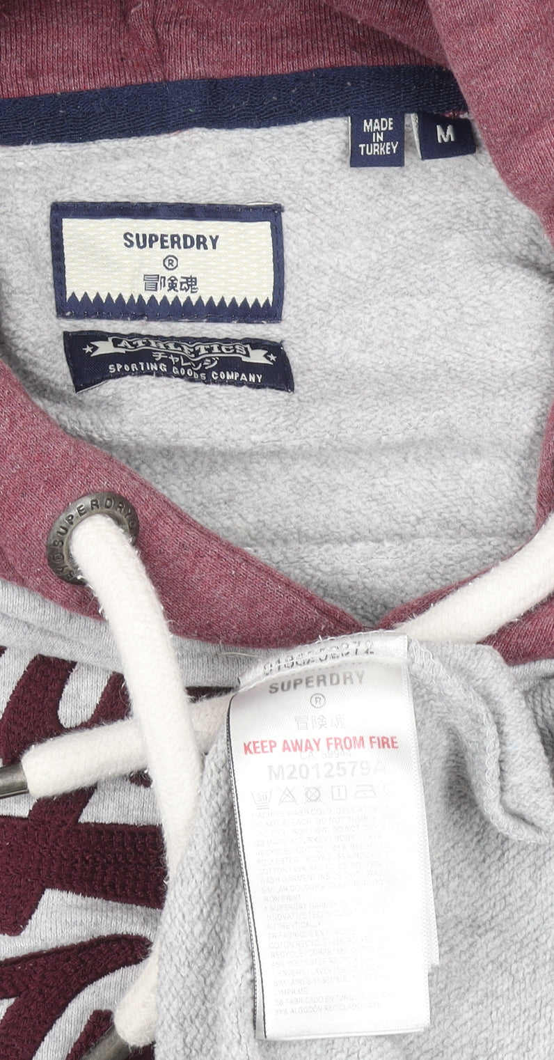 Superdry Men's Grey Burgundy Pullover Hoodie Size M Graphic Sweatshirt