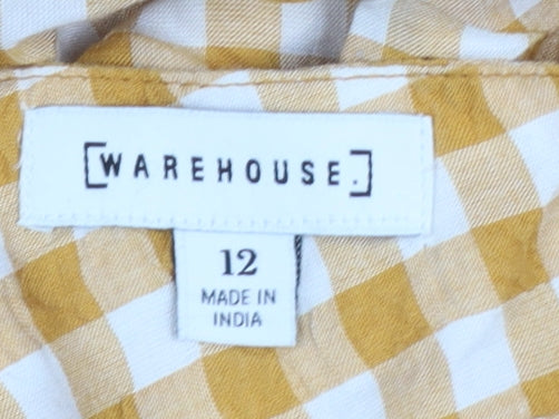 Warehouse Women Yellow Check Skater Dress Size 12 Puff Sleeve