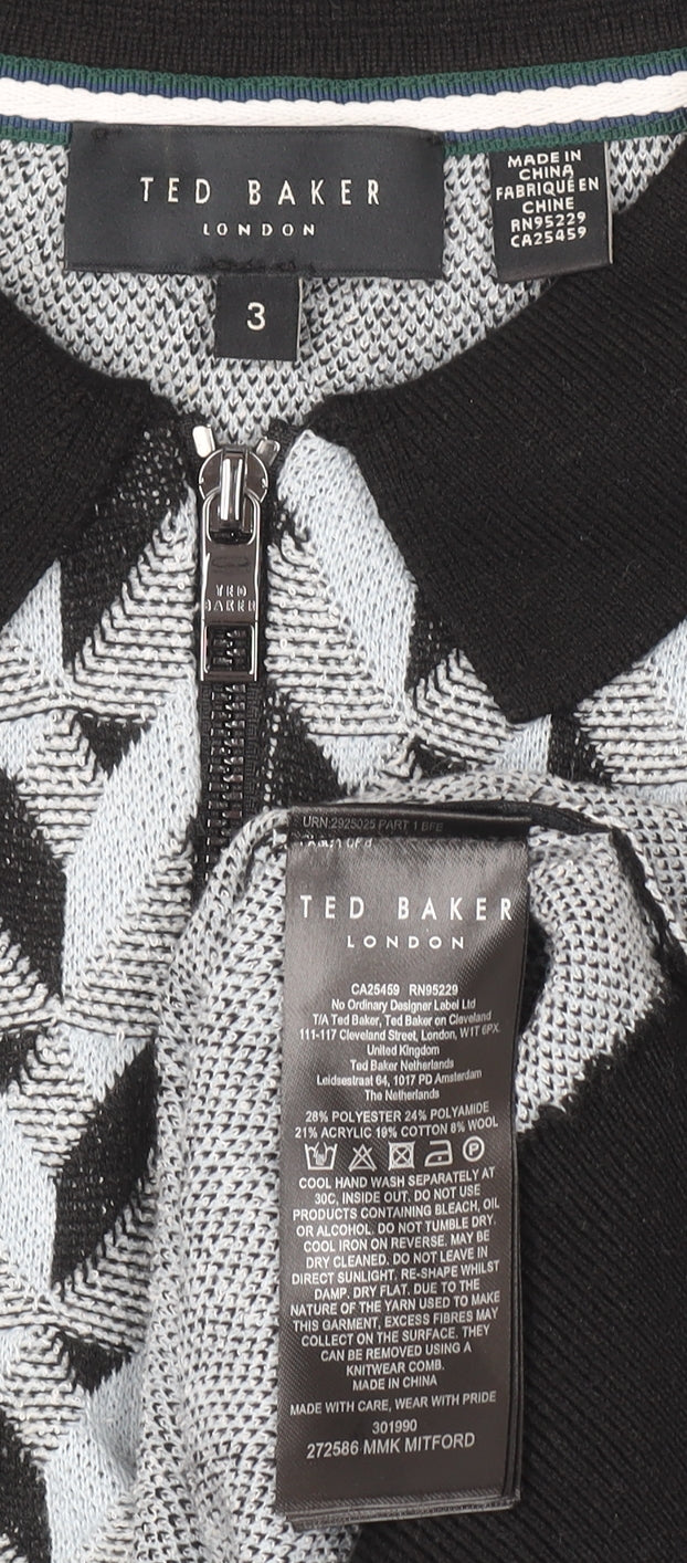 Ted Baker Men's Black Geometric 1/4 Zip Knit Polo Shirt Size M
