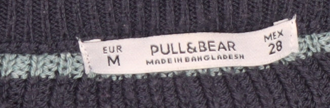 Pull&Bear Women's Blue Striped Crew Neck Cotton Knit Jumper Size 12