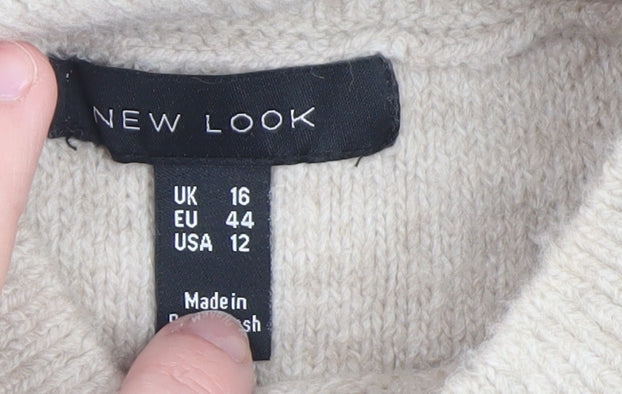 New Look Women's Beige High Neck Cable-Knit Pullover Jumper UK 16
