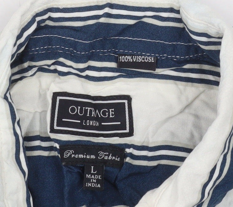 Outrage London Men's Blue Striped Short Sleeve Button-Up Shirt L