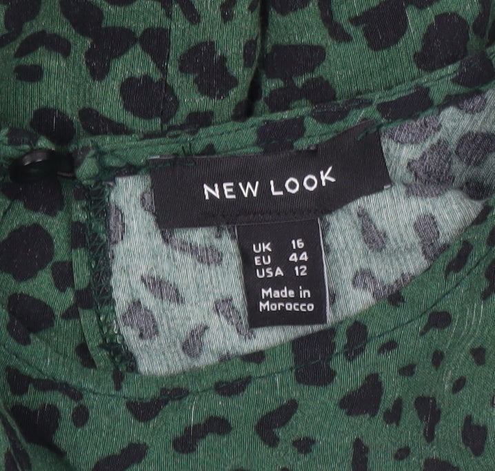 New Look Women Green Leopard Print Midi A-Line Dress Size 16