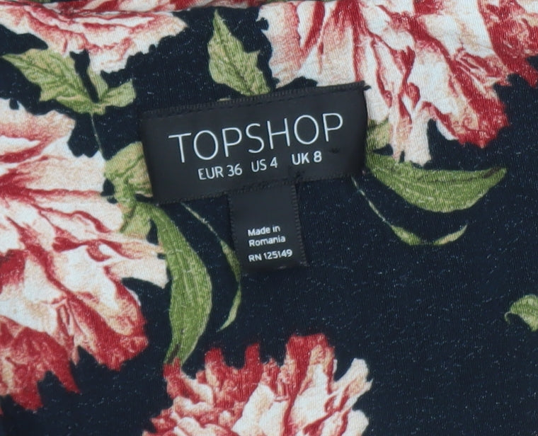 Topshop Women's Black Floral Fit & Flare Dress UK 8 Short Sleeve