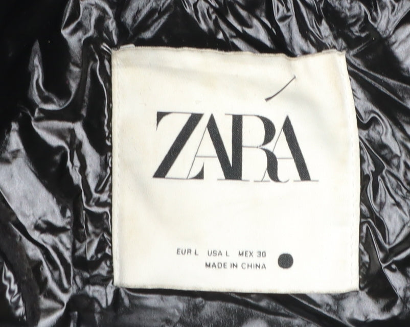 Zara Womens Black Hooded Puffer Jacket Size L Quilted Winter Coat