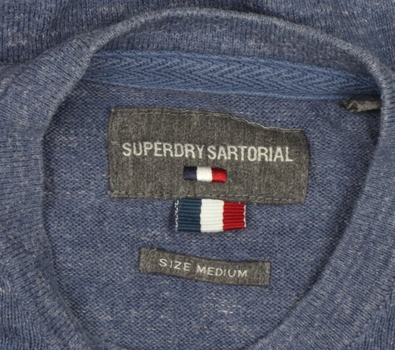 Superdry Men Blue Henley Knit Jumper Medium Lightweight Cotton Linen
