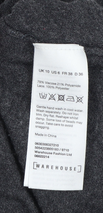 Warehouse Women's Grey Beaded Shoulder Knit Jumper Size 10