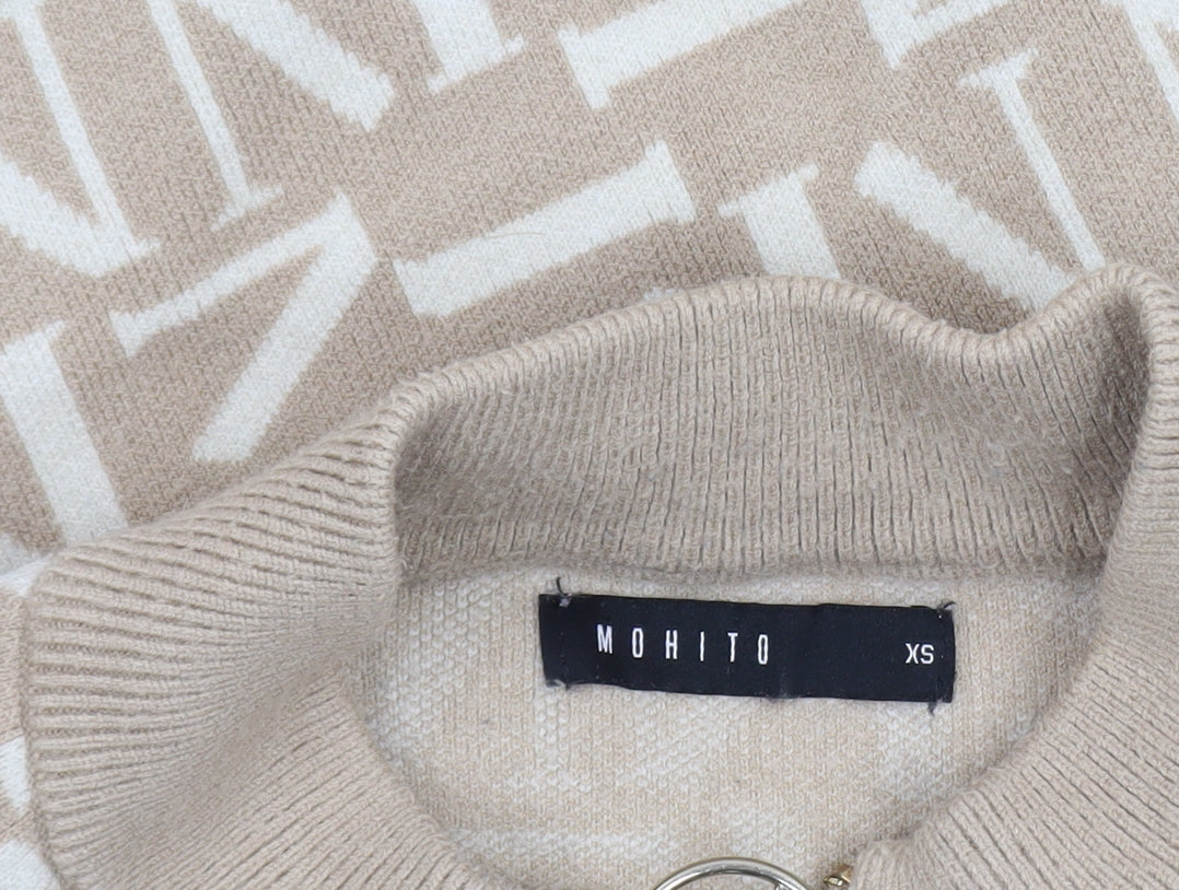Mohito Women's Beige XS Full Zip Knit Jumper with Logo Design