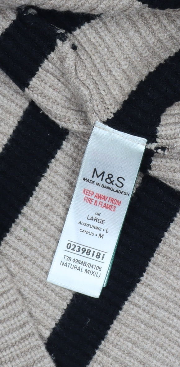 Marks & Spencer Womens Beige Black Striped Roll Neck Jumper Size L