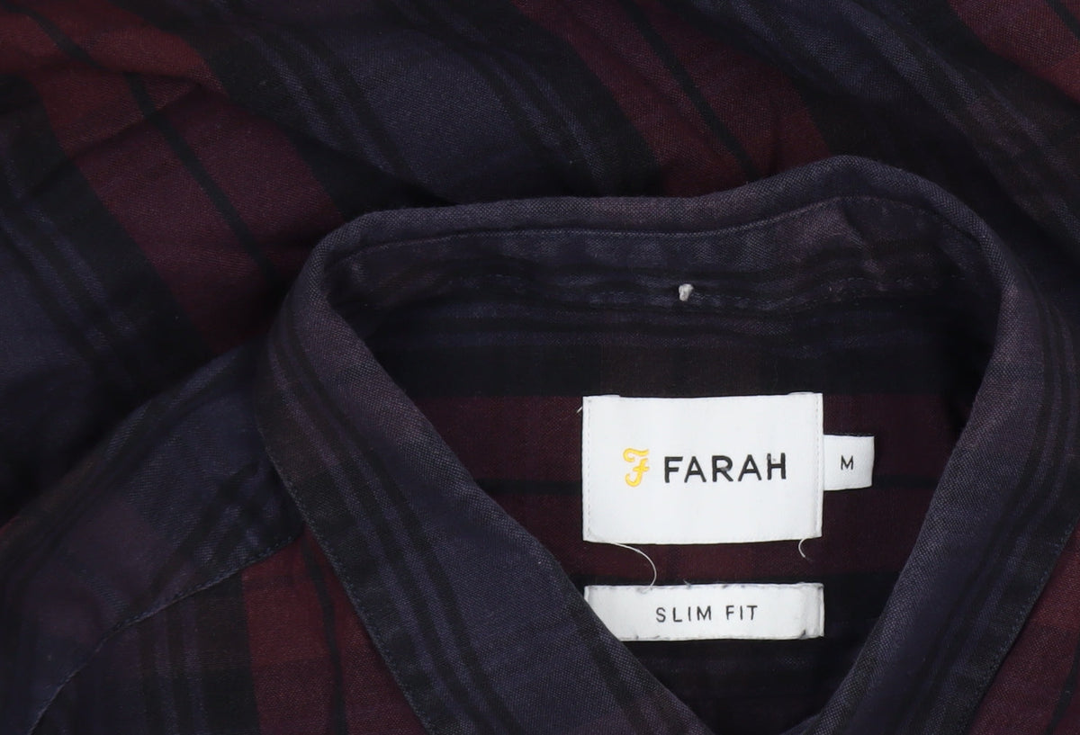 Farah Men Burgundy Navy Check Slim Fit Long Sleeve Shirt M