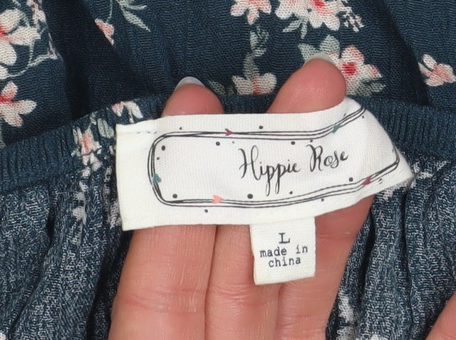 Hippie Rose Womens Blue Floral Peasant Blouse Long Sleeve Size L