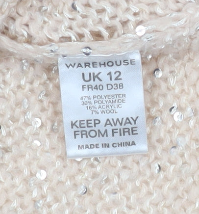 Warehouse Women’s Beige Sequin V-Neck Long Sleeve Pullover Jumper Size 12