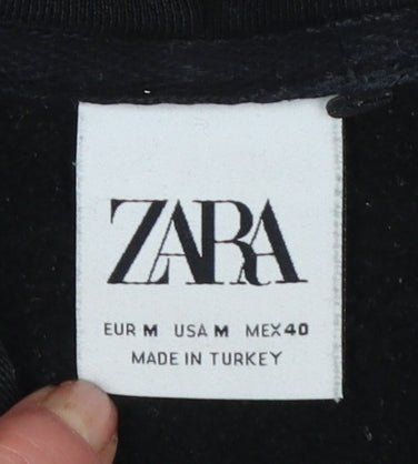 Zara Women Black Medium Pullover Hoodie Cotton Blend Casual