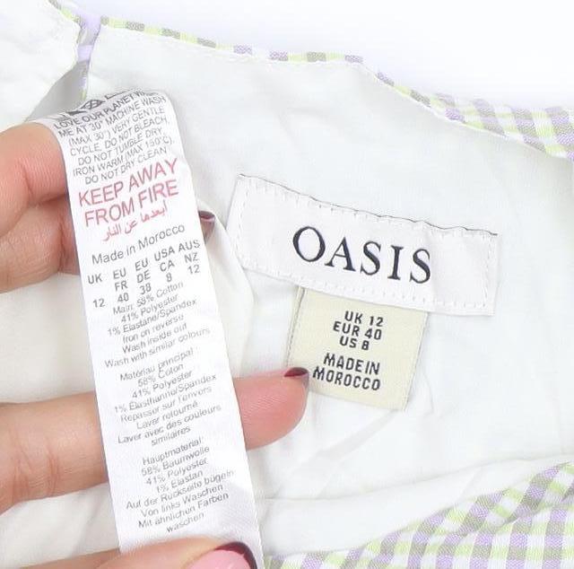 Oasis Women's Green Check A-Line Puff Sleeve Knee Length Dress Size 12