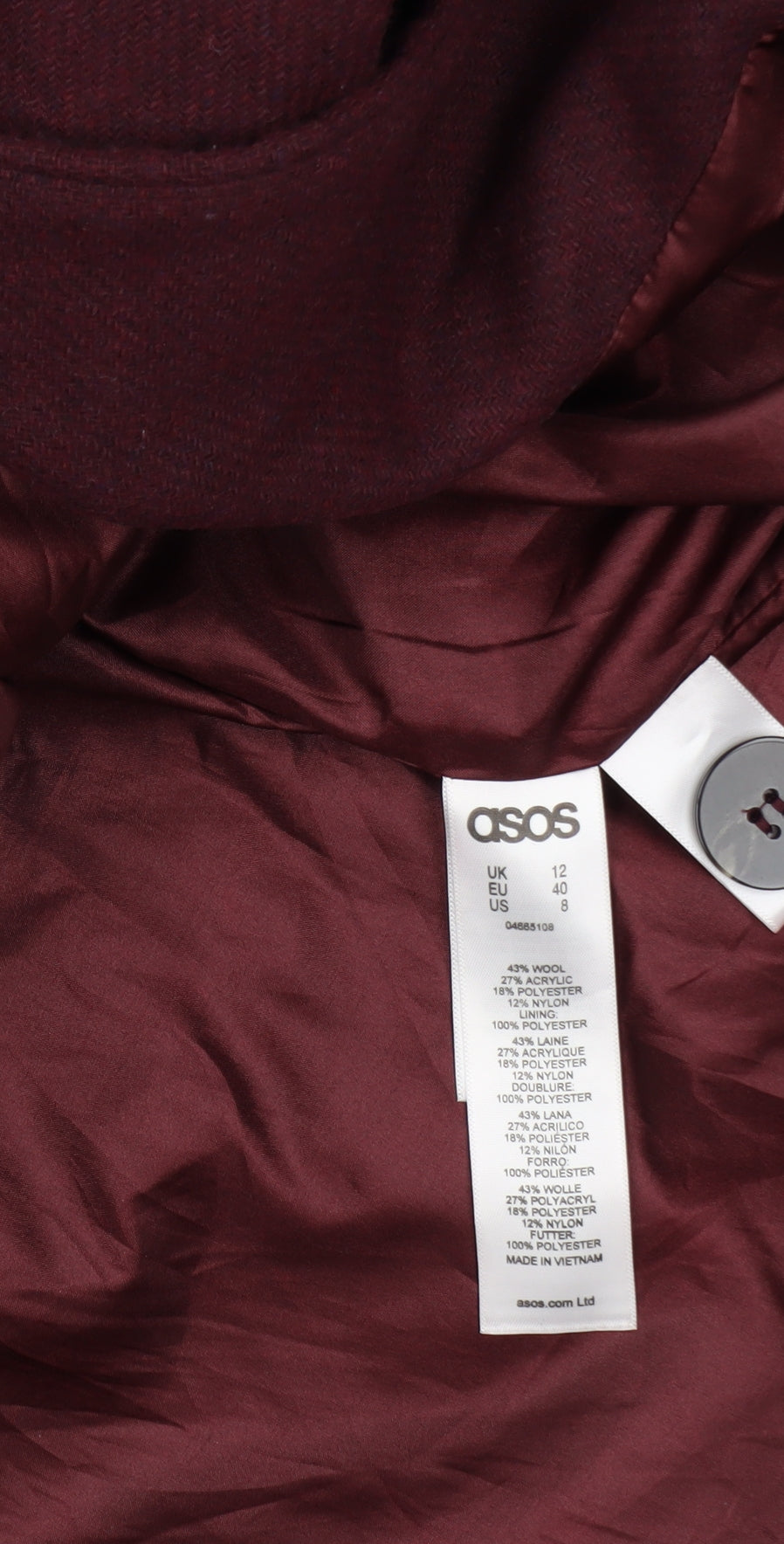 ASOS Women Burgundy Wool Blend Long Coat Size 12 Elegant Draped Style