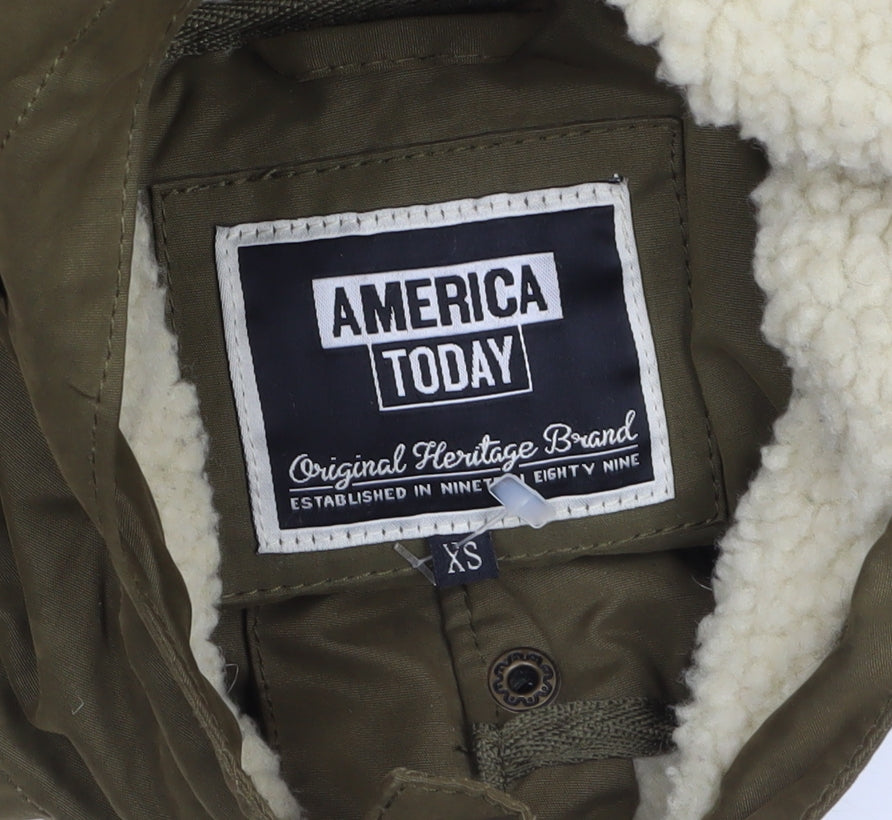 America Today Women's Green Hooded Parka Coat XS Long Lined