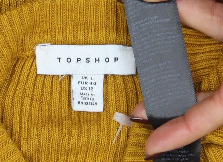Topshop Women Yellow Ribbed Long Sleeve Slim Fit Pullover Jumper Size L