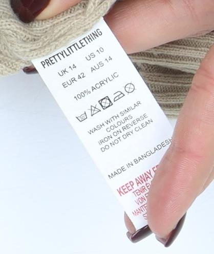 PrettyLittleThing Women’s Beige Roll Neck Ribbed Knit Jumper Size 14