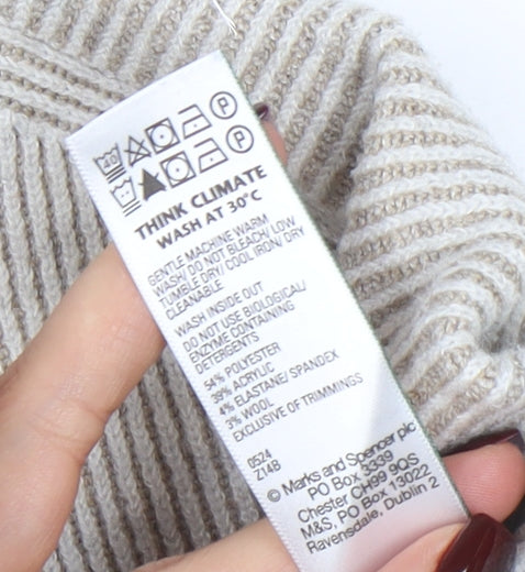 Marks & Spencer Women Beige Mock Neck Ribbed Knit Jumper XS