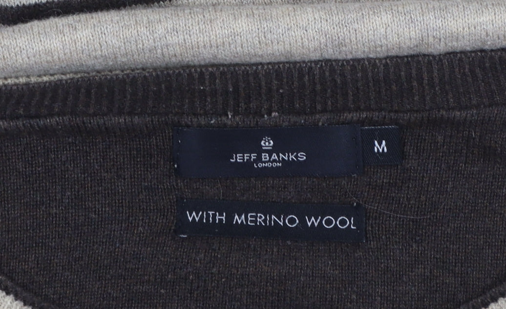 Jeff Banks Men's Beige Striped Merino Wool Cotton Pullover Jumper M