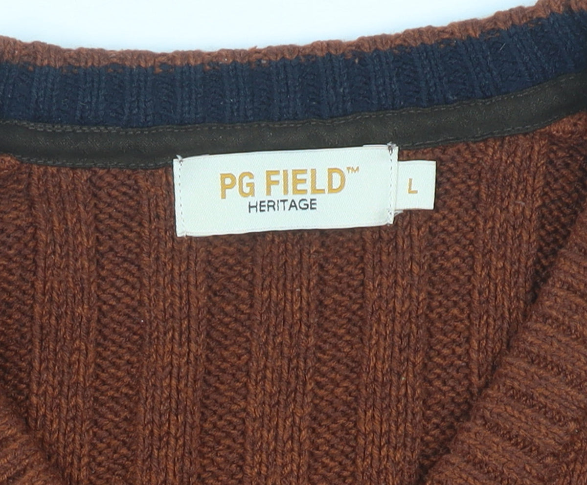 PG Field Men's Brown V-Neck Cable Knit Jumper Size L Classic Acrylic