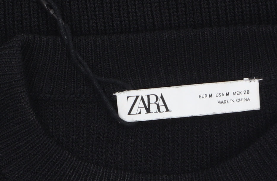 ZARA Women Black Crew Neck Knit Puff Sleeve Pullover Jumper Size 12