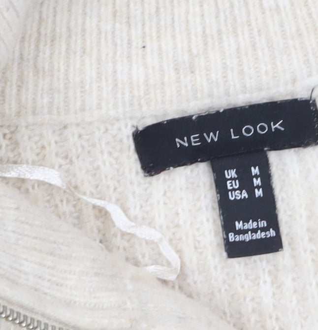 New Look Women Beige High Neck Half Zip Knit Jumper Size M