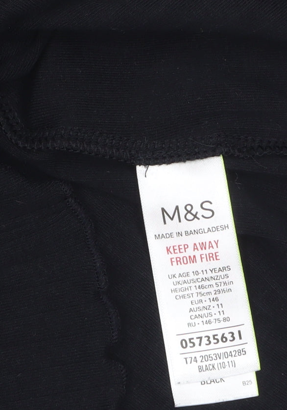 Marks & Spencer Girls Black Roll Neck Long Sleeve Cotton Top 10-11 Years